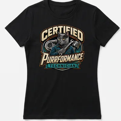 Vintage style t-shirt featuring a gray cat mechanic with the text Certified Purrformance Technician — printed on a women's shirt
