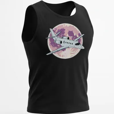 Illustrative design of a Cessna Citation jet flying at night with purple and pink hues — printed on a tank top