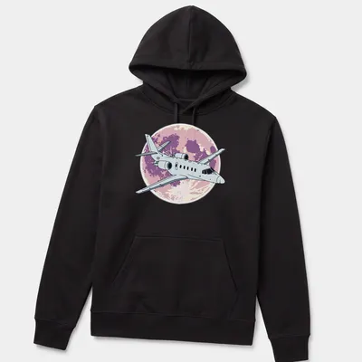 Illustrative design of a Cessna Citation jet flying at night with purple and pink hues — printed on a unisex hoodie