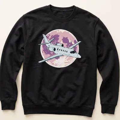Illustrative design of a Cessna Citation jet flying at night with purple and pink hues — printed on a unisex sweatshirt