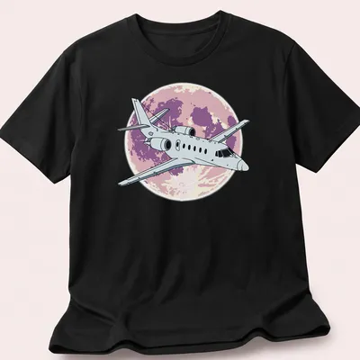 Illustrative design of a Cessna Citation jet flying at night with purple and pink hues — printed on a unisex t-shirt
