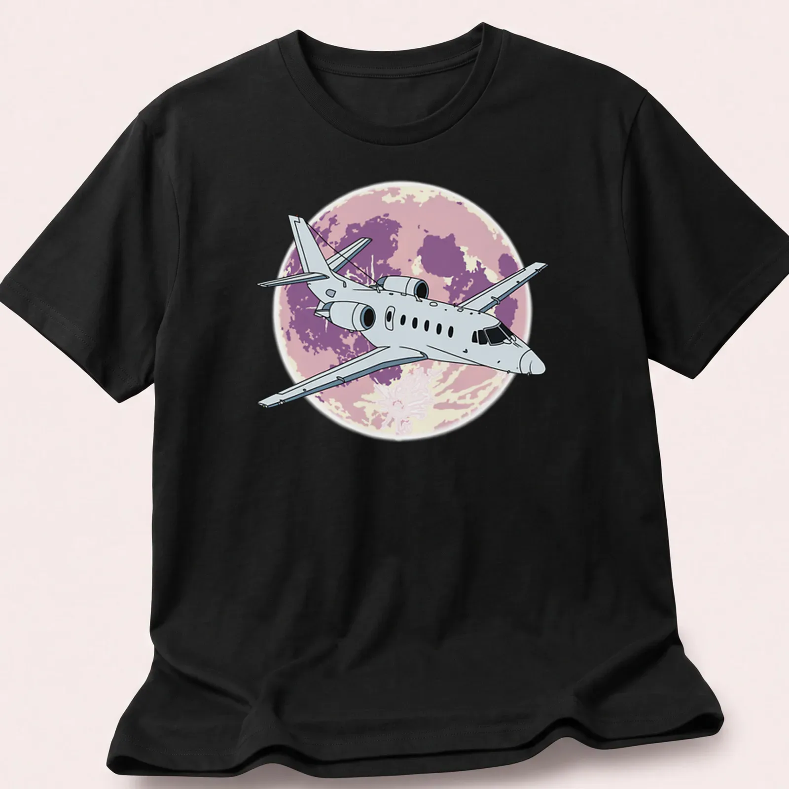 Illustrative design of a Cessna Citation jet flying at night with purple and pink hues — printed on a unisex t-shirt