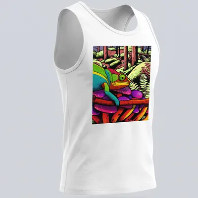 Colorful chameleon design on a jungle-themed t-shirt with vibrant shades — printed on a tank top