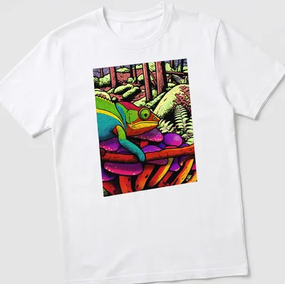 Colorful chameleon design on a jungle-themed t-shirt with vibrant shades
