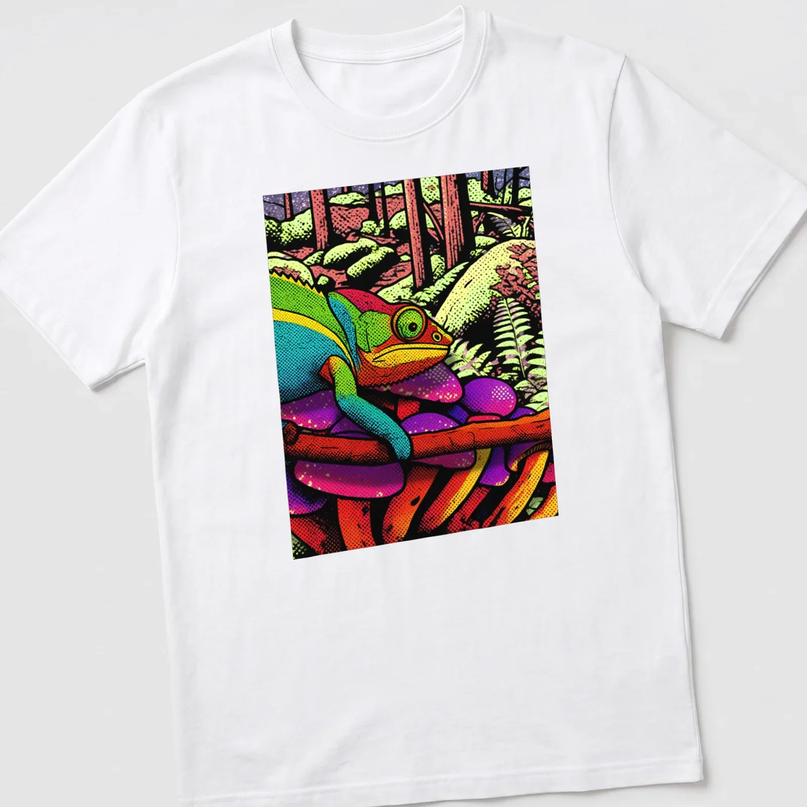 Colorful chameleon design on a jungle-themed t-shirt with vibrant shades — printed on a unisex t-shirt