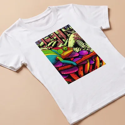 Colorful chameleon design on a jungle-themed t-shirt with vibrant shades — printed on a women's shirt