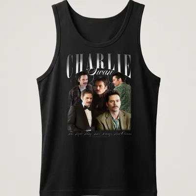 Collage design featuring Charlie Swan with text about moral choices. — printed on a tank top