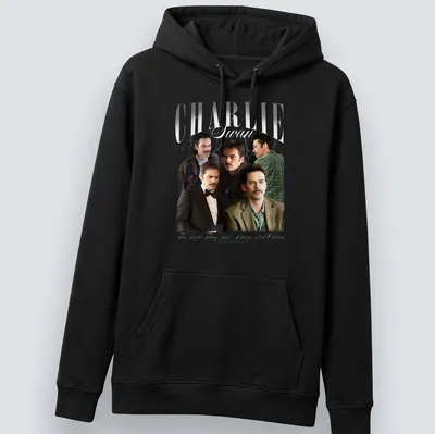Collage design featuring Charlie Swan with text about moral choices. — printed on a unisex hoodie