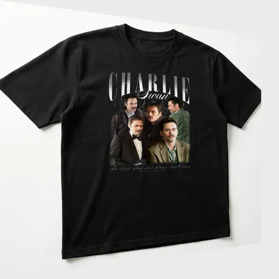 Collage design featuring Charlie Swan with text about moral choices. — printed on a unisex t-shirt (angled view)