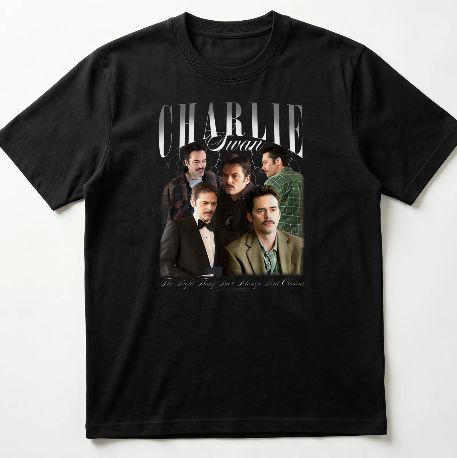 Collage design featuring Charlie Swan with text about moral choices. — printed on a unisex t-shirt