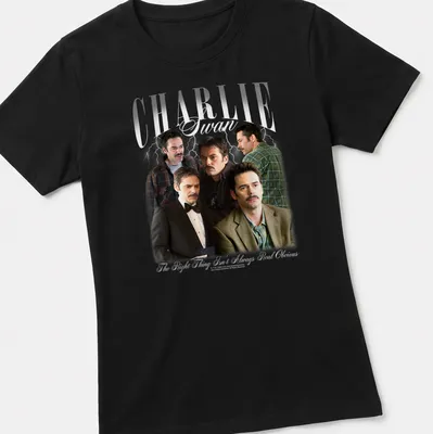 Collage design featuring Charlie Swan with text about moral choices. — printed on a women's shirt