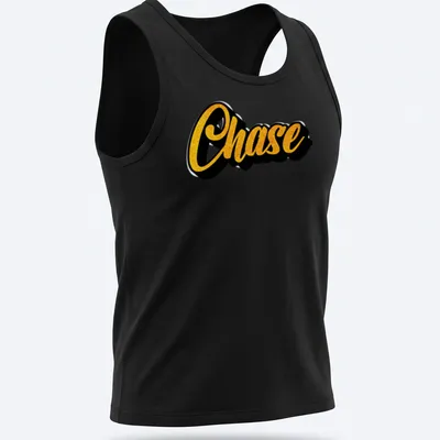 Personalized T-shirt with the name Chase in bold yellow script on a black background — printed on a tank top