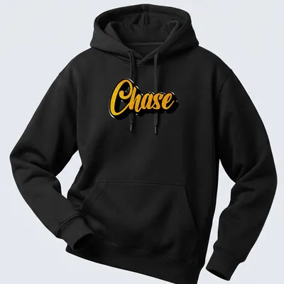 Personalized T-shirt with the name Chase in bold yellow script on a black background — printed on a unisex hoodie