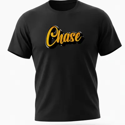 Personalized T-shirt with the name Chase in bold yellow script on a black background — printed on a unisex t-shirt