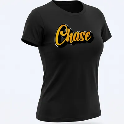 Personalized T-shirt with the name Chase in bold yellow script on a black background — printed on a women's shirt