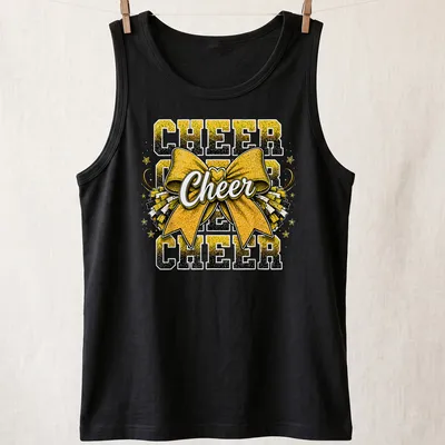 Yellow glitter t-shirt with bold lettering 'CHEER CHEER CHEER' and a cheer bow graphic — printed on a tank top