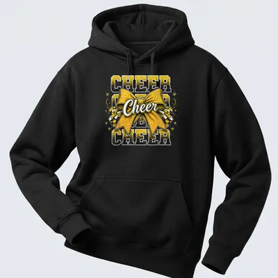 Yellow glitter t-shirt with bold lettering 'CHEER CHEER CHEER' and a cheer bow graphic — printed on a unisex hoodie