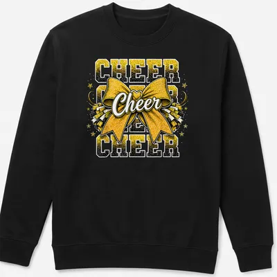 Yellow glitter t-shirt with bold lettering 'CHEER CHEER CHEER' and a cheer bow graphic — printed on a unisex sweatshirt