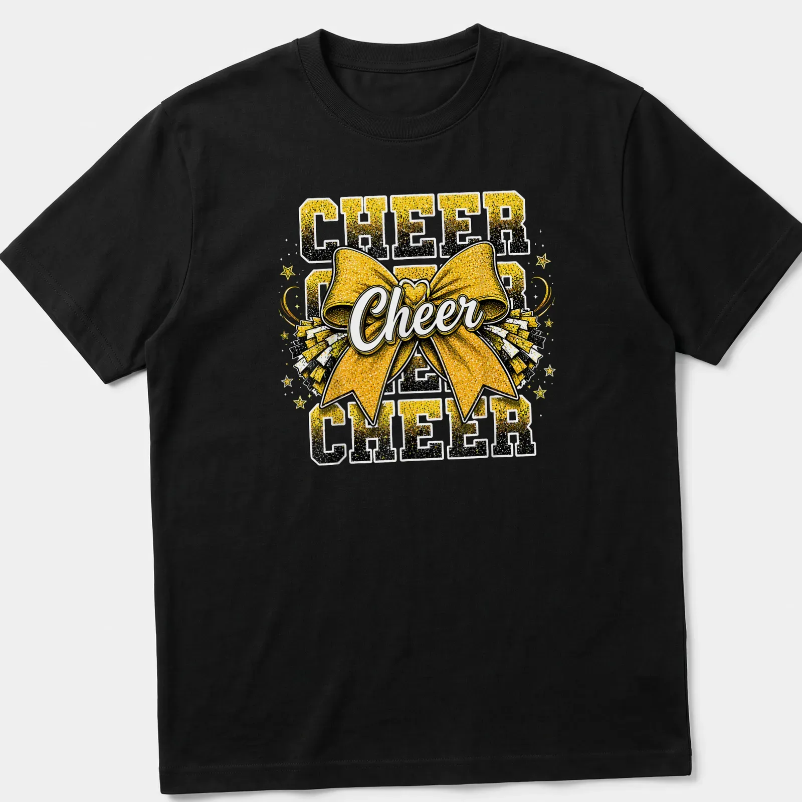 Yellow glitter t-shirt with bold lettering 'CHEER CHEER CHEER' and a cheer bow graphic — printed on a unisex t-shirt