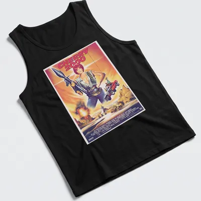 Retro sci-fi print featuring a female character with a gun and bold colors. — printed on a tank top