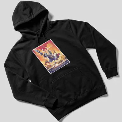 Retro sci-fi print featuring a female character with a gun and bold colors. — printed on a unisex hoodie