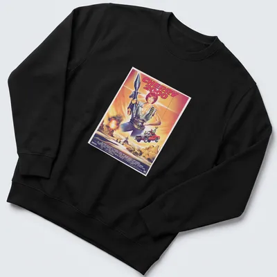 Retro sci-fi print featuring a female character with a gun and bold colors. — printed on a unisex sweatshirt