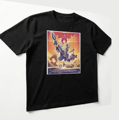 Retro sci-fi print featuring a female character with a gun and bold colors. — printed on a unisex t-shirt (angled view)