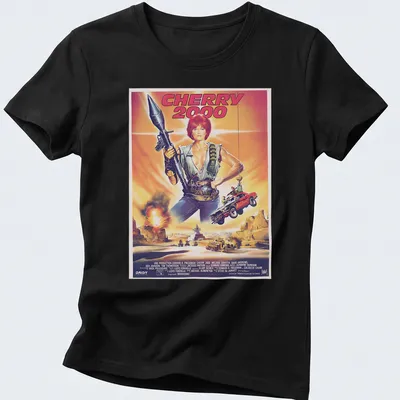 Retro sci-fi print featuring a female character with a gun and bold colors. — printed on a women's shirt