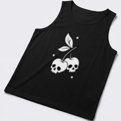 Line-art design featuring cherry skulls in black and white — printed on a tank top