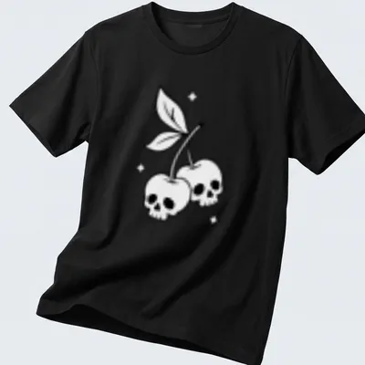 Line-art design featuring cherry skulls in black and white