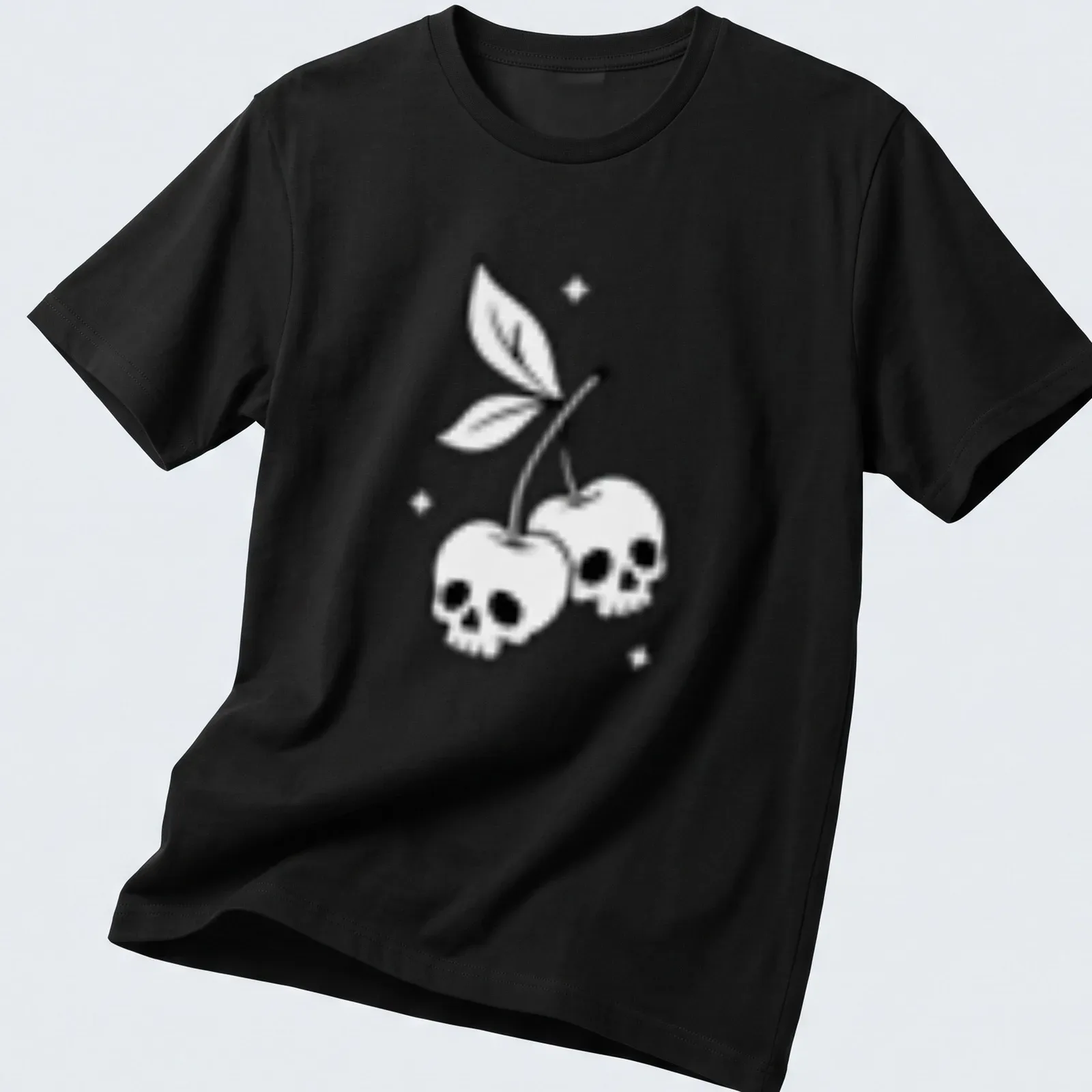 Line-art design featuring cherry skulls in black and white — printed on a unisex t-shirt