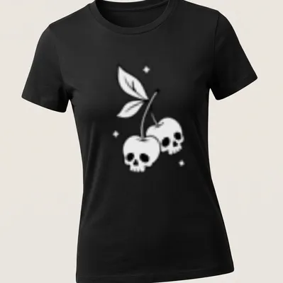 Line-art design featuring cherry skulls in black and white — printed on a women's shirt
