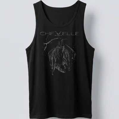 Sketch of a bat hanging upside down from a branch with the word CHEVELLE — printed on a tank top