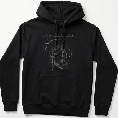 Sketch of a bat hanging upside down from a branch with the word CHEVELLE — printed on a unisex hoodie