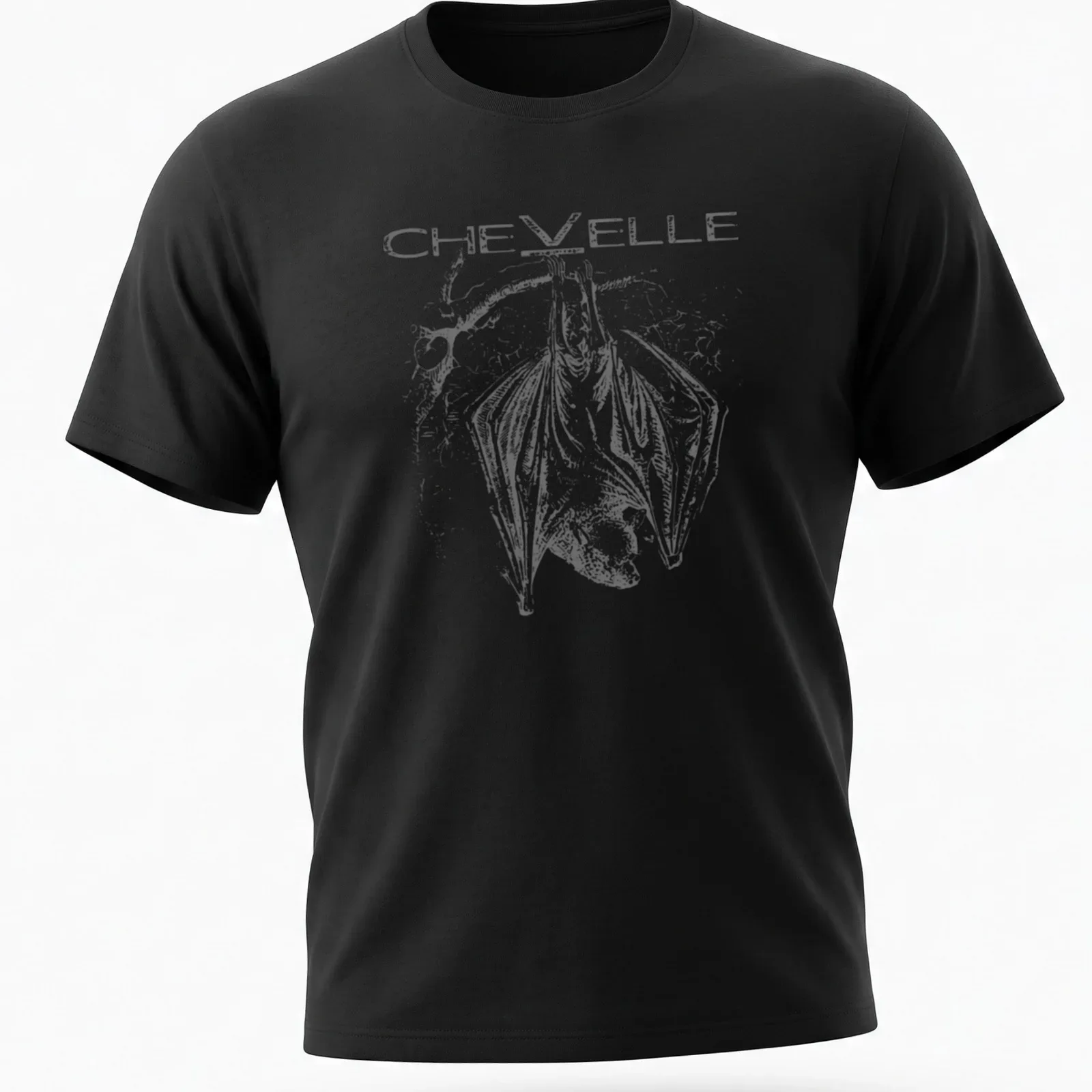 Sketch of a bat hanging upside down from a branch with the word CHEVELLE — printed on a unisex t-shirt