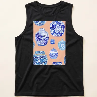 Watercolor print featuring a collection of ginger jars in blue, white, and peach — printed on a tank top
