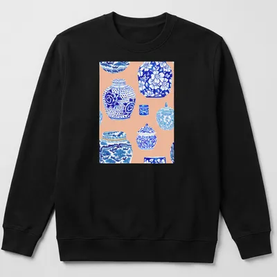 Watercolor print featuring a collection of ginger jars in blue, white, and peach — printed on a unisex sweatshirt