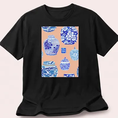 Watercolor print featuring a collection of ginger jars in blue, white, and peach