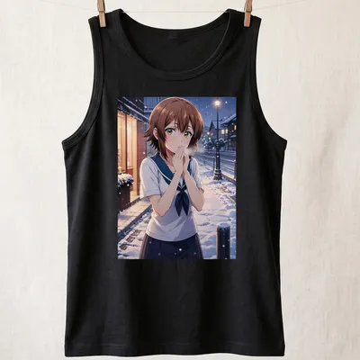 Anime illustration of Chisa Kotegawa in a winter street scene. — printed on a tank top