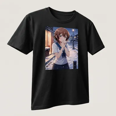 Anime illustration of Chisa Kotegawa in a winter street scene. — printed on a unisex t-shirt (angled view)