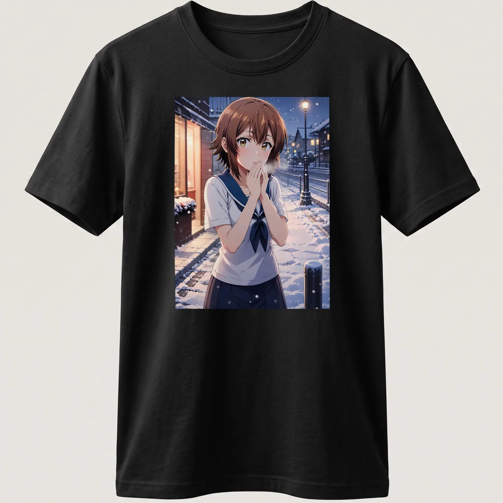 Anime illustration of Chisa Kotegawa in a winter street scene. — printed on a unisex t-shirt