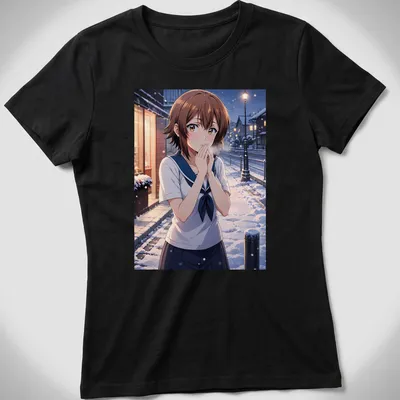 Anime illustration of Chisa Kotegawa in a winter street scene. — printed on a women's shirt