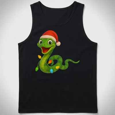 Kawaii cartoon Boomslang snake with colorful Christmas lights — printed on a tank top