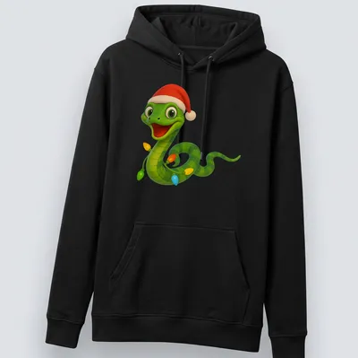 Kawaii cartoon Boomslang snake with colorful Christmas lights — printed on a unisex hoodie