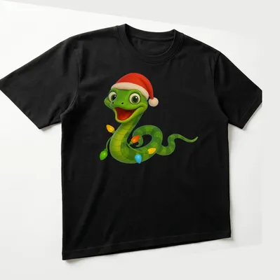 Kawaii cartoon Boomslang snake with colorful Christmas lights — printed on a unisex t-shirt (angled view)
