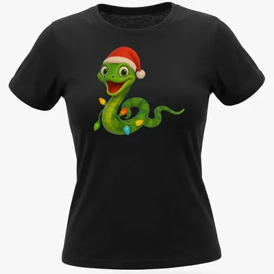 Kawaii cartoon Boomslang snake with colorful Christmas lights — printed on a women's shirt