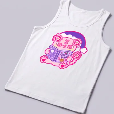 Kawaii style pink cat illustration with text for Christmas cat treat recipes — printed on a tank top