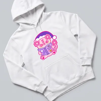 Kawaii style pink cat illustration with text for Christmas cat treat recipes — printed on a unisex hoodie