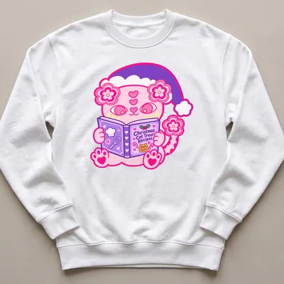 Kawaii style pink cat illustration with text for Christmas cat treat recipes — printed on a unisex sweatshirt