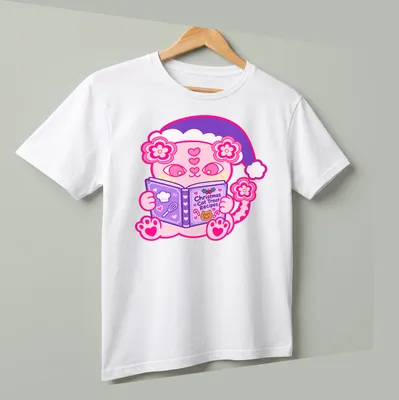 Kawaii style pink cat illustration with text for Christmas cat treat recipes — printed on a unisex t-shirt (angled view)